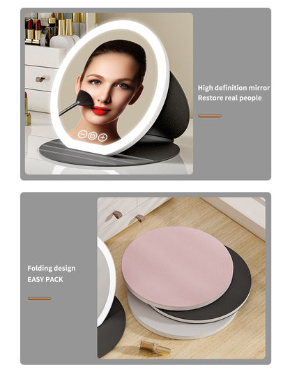 Black Large Round Foldable LED Makeup Mirror - 22cm Desktop Vanity with 3 Color Lights & Stepless Dimming - Image 8