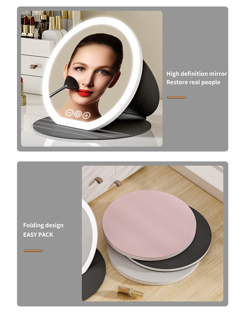 White Large Round Foldable LED Makeup Mirror - 22cm Desktop Vanity with 3 Color Lights & Stepless Dimming - Image 8
