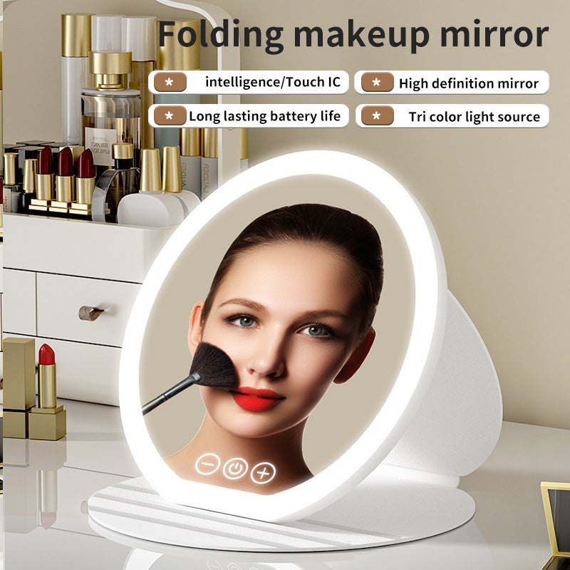 Pink Large Round Foldable LED Makeup Mirror - 22cm Desktop Vanity with 3 Color Lights & Stepless Dimming - Image 2