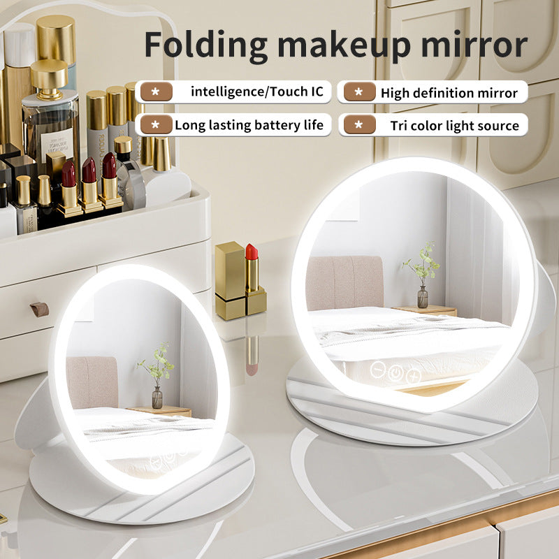 Pink Large Round Foldable LED Makeup Mirror - 22cm Desktop Vanity with 3 Color Lights & Stepless Dimming - Image 3