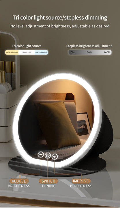 Pink Large Round Foldable LED Makeup Mirror - 22cm Desktop Vanity with 3 Color Lights & Stepless Dimming - Image 5