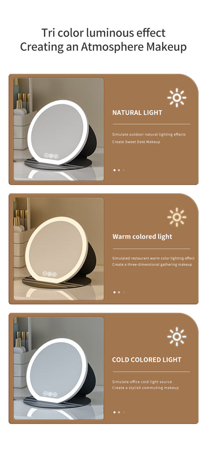 Pink Small Round Foldable LED Makeup Mirror - 18.5cm Desktop Vanity with 3 Color Lights & Stepless Dimming - Image 6
