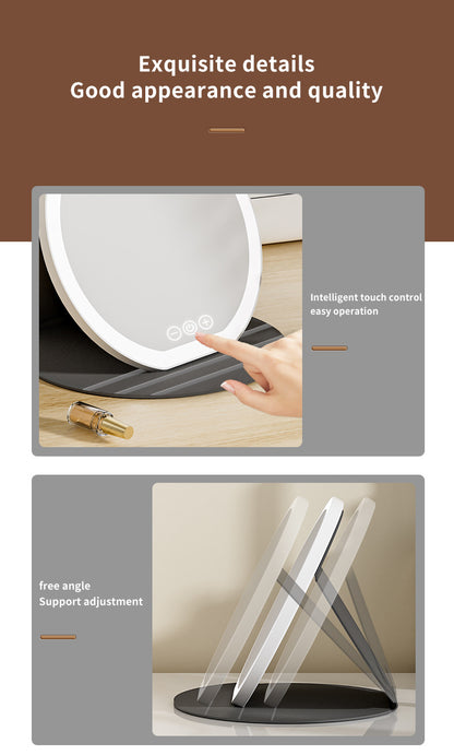Black Small Round Foldable LED Makeup Mirror - 18.5cm Desktop Vanity with 3 Color Lights & Stepless Dimming - Image 7