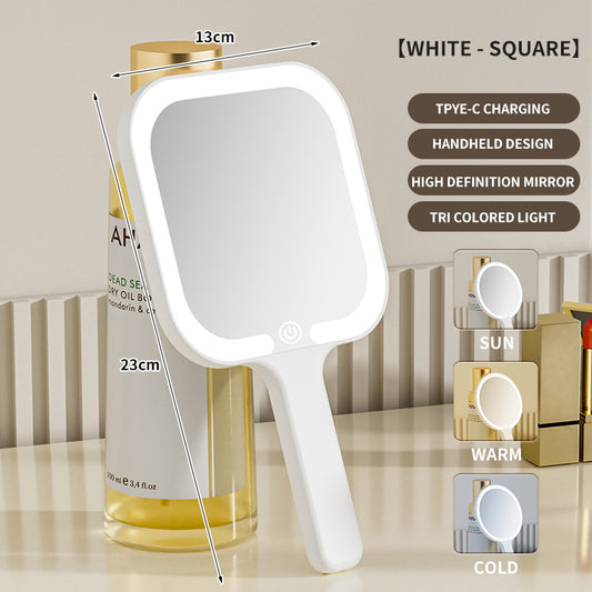 White Square Portable Handheld LED Makeup Mirror - USB-C Rechargeable with 3 Color Light Modes for On-The-Go Touch-Ups