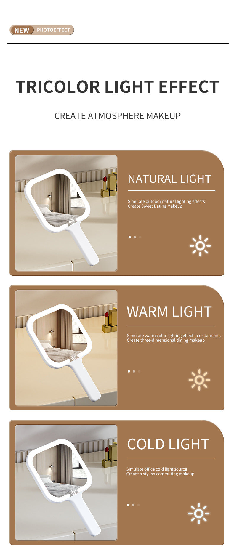 White Square Portable Handheld LED Makeup Mirror - USB-C Rechargeable with 3 Color Light Modes for On-The-Go Touch-Ups - Image 5