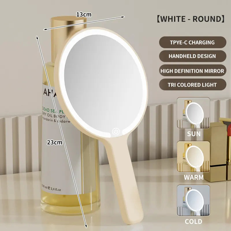 Light Yellow Round Portable Handheld LED Makeup Mirror - USB-C Rechargeable with 3 Color Light Modes for On-The-Go Touch-Ups