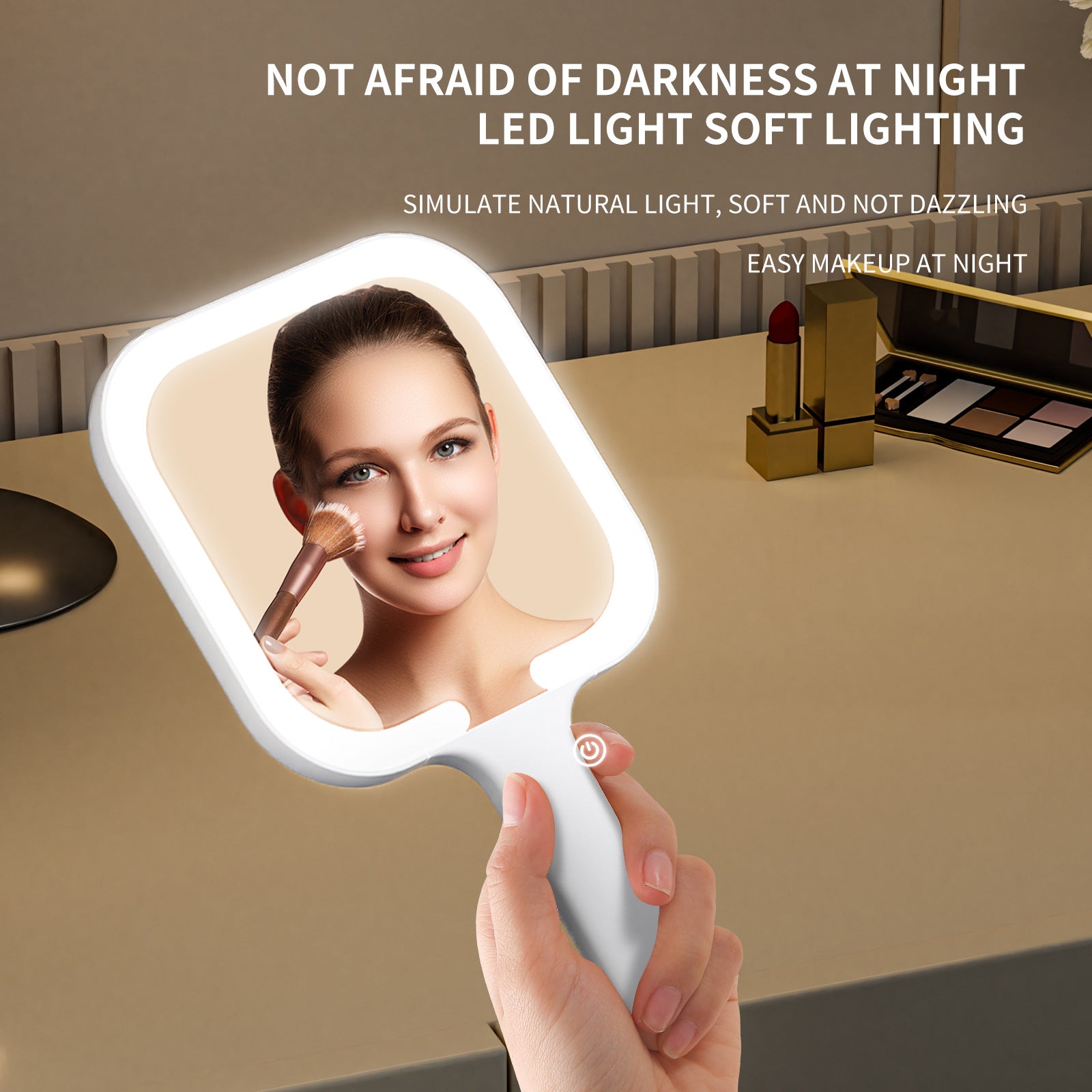 Light Yellow Round Portable Handheld LED Makeup Mirror - USB-C Rechargeable with 3 Color Light Modes for On-The-Go Touch-Ups - Image 3