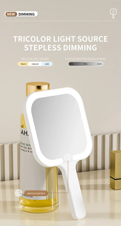 Light Yellow Round Portable Handheld LED Makeup Mirror - USB-C Rechargeable with 3 Color Light Modes for On-The-Go Touch-Ups - Image 4