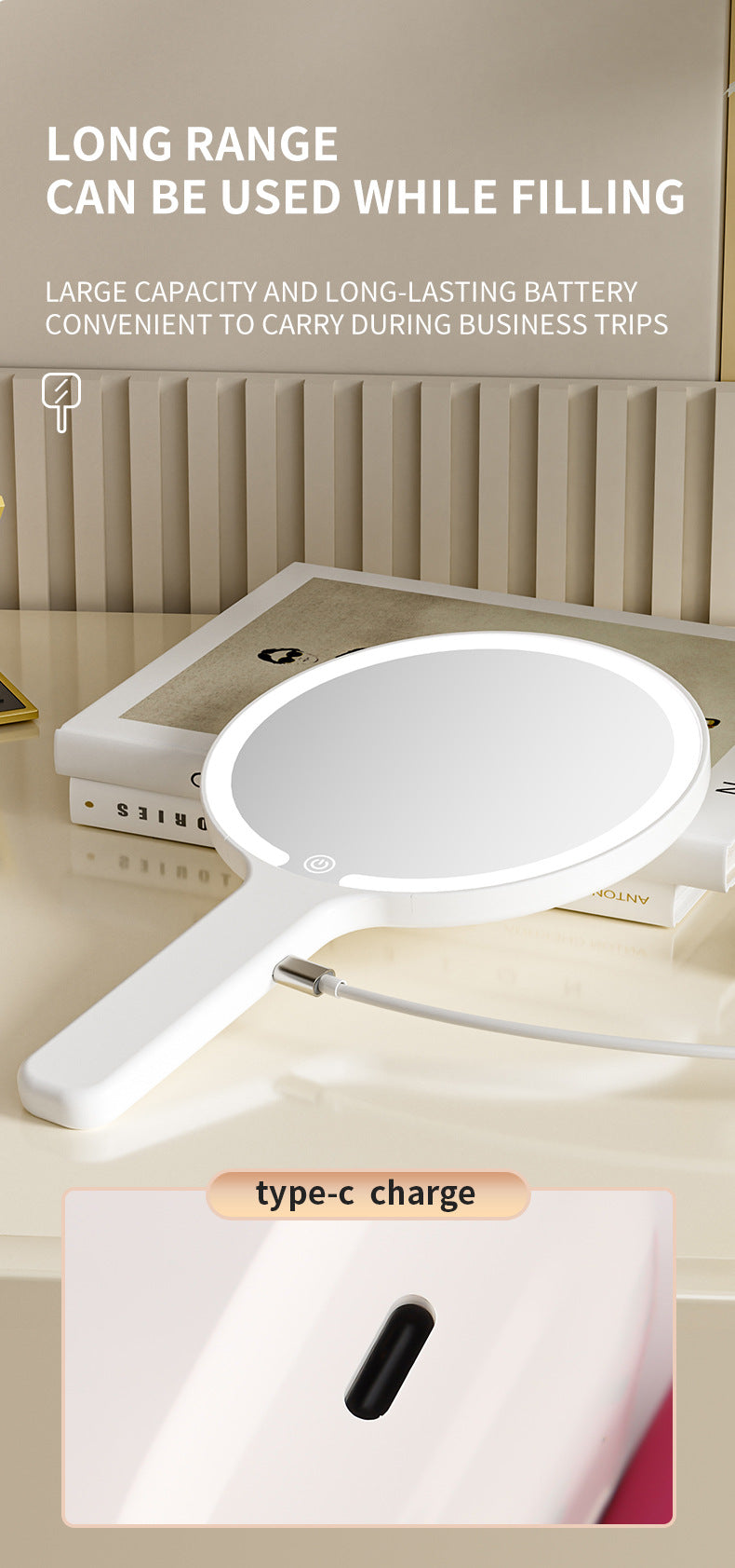 Light Yellow Round Portable Handheld LED Makeup Mirror - USB-C Rechargeable with 3 Color Light Modes for On-The-Go Touch-Ups - Image 7