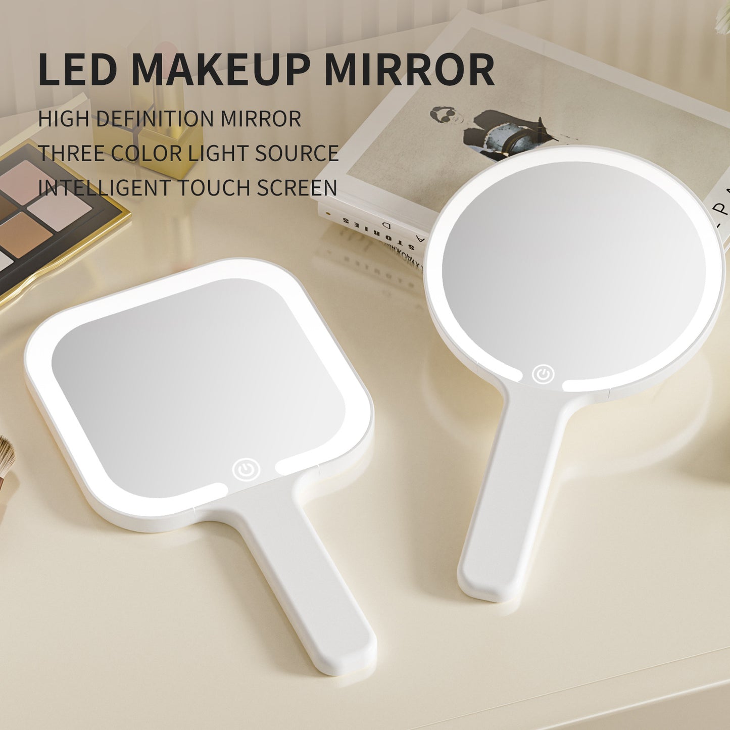 White Round Portable Handheld LED Makeup Mirror - USB-C Rechargeable with 3 Color Light Modes for On-The-Go Touch-Ups - Image 2