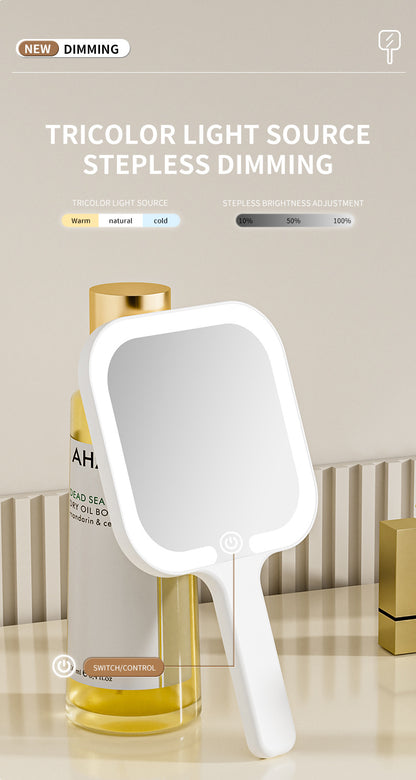 White Round Portable Handheld LED Makeup Mirror - USB-C Rechargeable with 3 Color Light Modes for On-The-Go Touch-Ups - Image 4