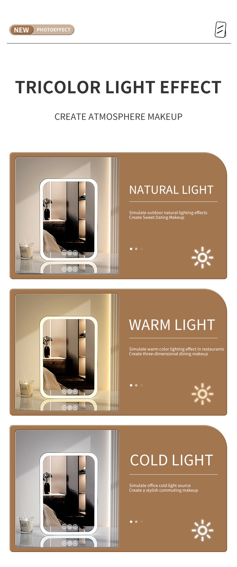 White Professional LED Vanity Mirror - 3 Color Lights, Stepless Dimming & Adjustable Rotating Stand, USB-C Rechargeable - Image 4