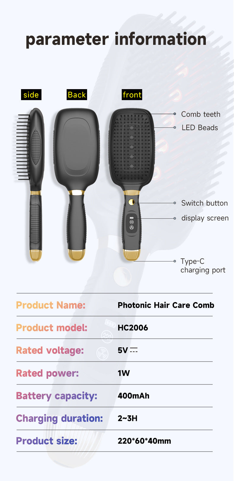 Black Advanced 3-in-1 Scalp & Hair Care Massage Comb - Red Light Therapy, EMS Microcurrent & Vibration for Healthy Hair Growth - Image 8
