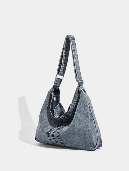 Blue Retro Washed Denim Hobo Bag - Large Capacity Shoulder & Crossbody Tote for Casual Everyday & Commute - Image 3