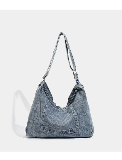 Grey Retro Washed Denim Hobo Bag - Large Capacity Shoulder & Crossbody Tote for Casual Everyday & Commute - Image 7