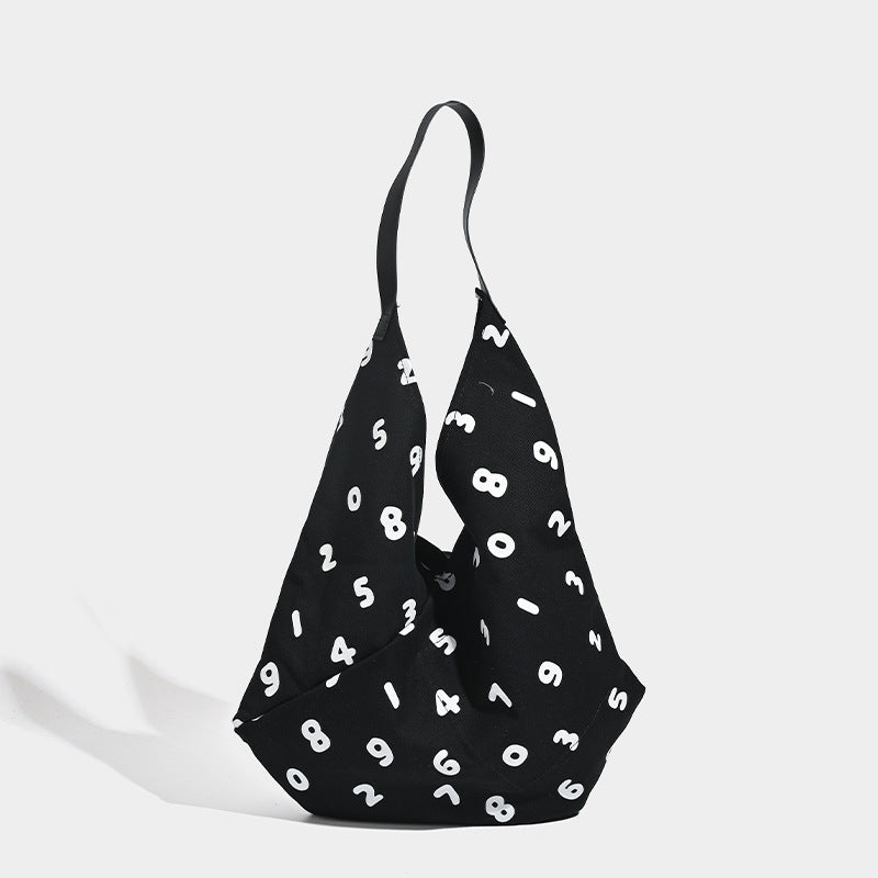 Black and White Chic Number Print Canvas Tote Bag - Lightweight Polyester Shoulder Bag for Everyday Essentials & A4 - Image 2