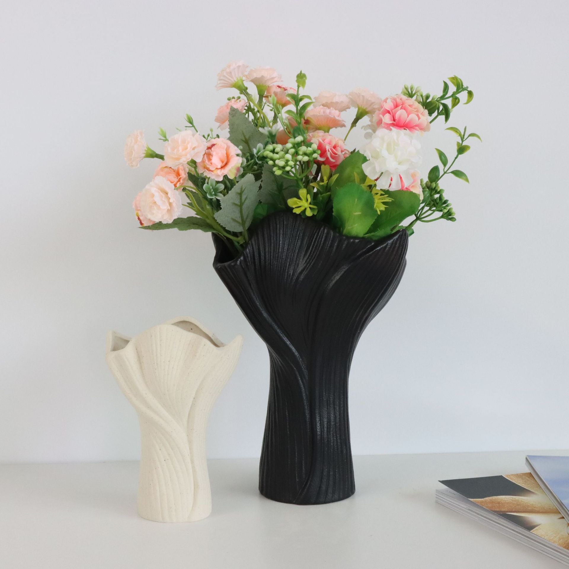 White Elegant Off-White Ceramic Vase - Modern Sculptural Flower Holder with Wide Fluted Opening - Image 3