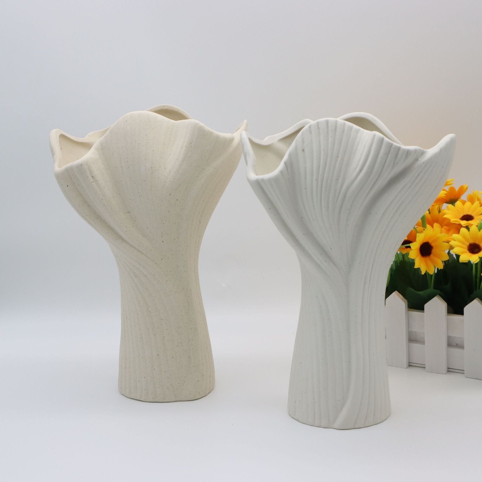 White Elegant Off-White Ceramic Vase - Modern Sculptural Flower Holder with Wide Fluted Opening - Image 5