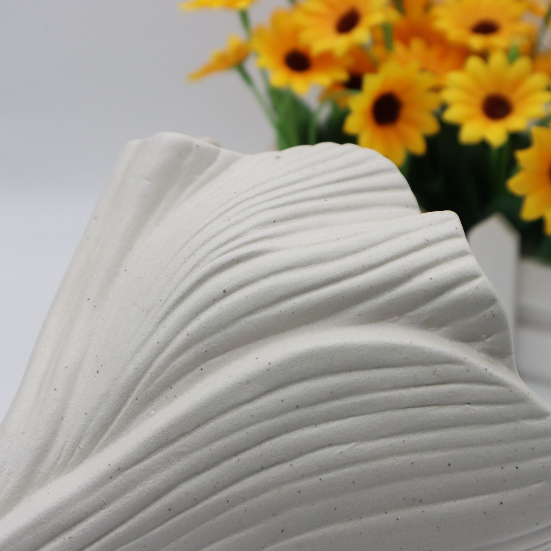 Beige Elegant Off-White Ceramic Vase - Modern Sculptural Flower Holder with Wide Fluted Opening - Image 6