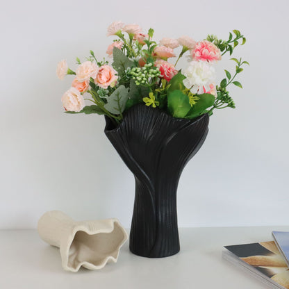 Black Elegant Off-White Ceramic Vase - Modern Sculptural Flower Holder with Wide Fluted Opening - Image 3