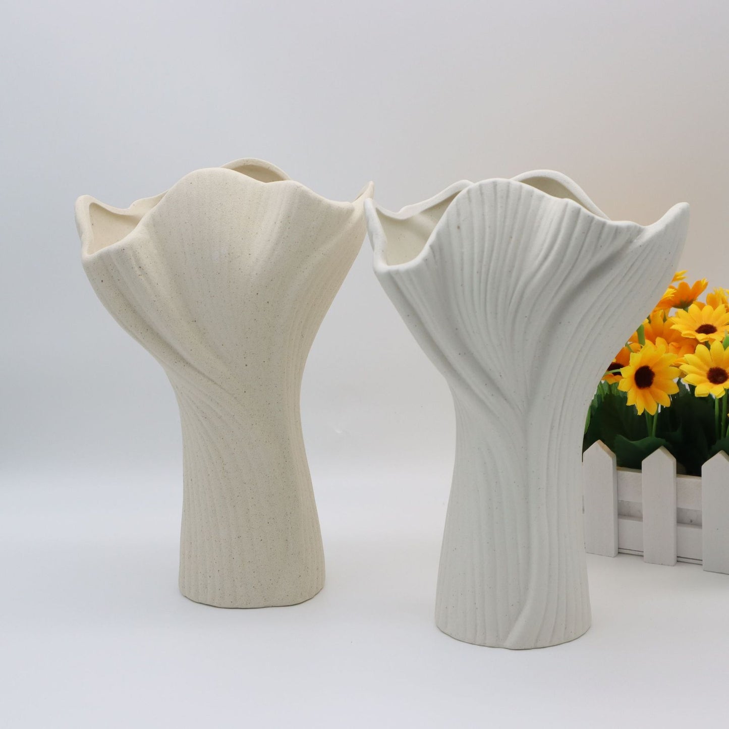 Black Elegant Off-White Ceramic Vase - Modern Sculptural Flower Holder with Wide Fluted Opening - Image 4