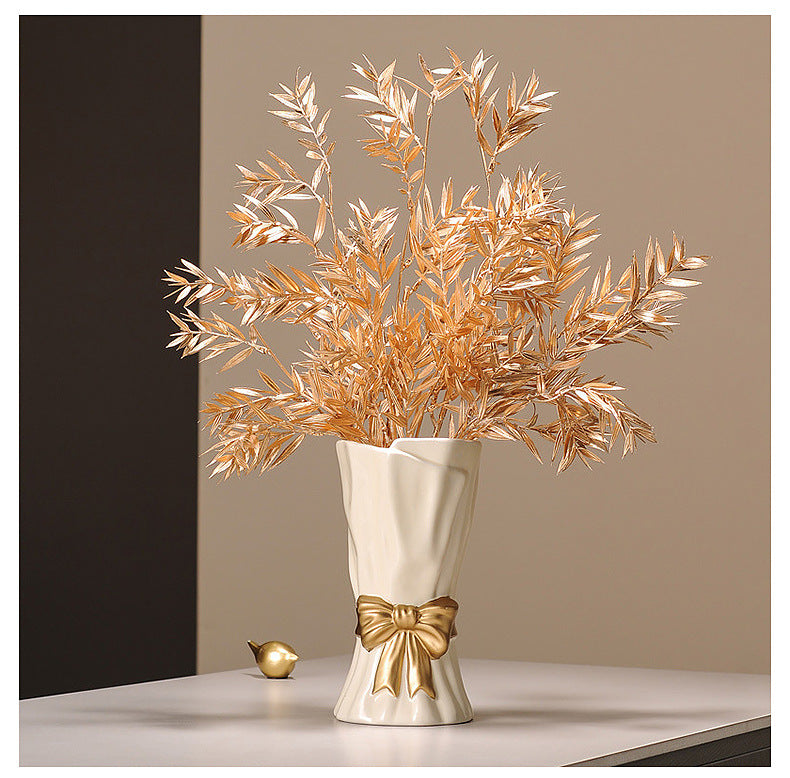 Beige Elegant Ceramic Vase with Golden Bow Accent - Textured Relief Flower Holder for Living Room & Dining Table Decor - Image 2
