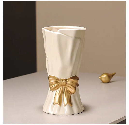 Beige Elegant Ceramic Vase with Golden Bow Accent - Textured Relief Flower Holder for Living Room & Dining Table Decor - Image 4