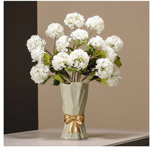 Green Elegant Ceramic Vase with Golden Bow Accent - Textured Relief Flower Holder for Living Room & Dining Table Decor - Image 3
