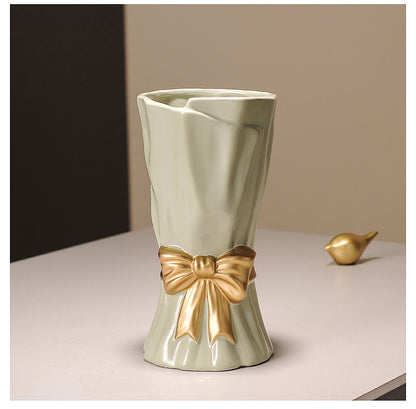 Green Elegant Ceramic Vase with Golden Bow Accent - Textured Relief Flower Holder for Living Room & Dining Table Decor - Image 5