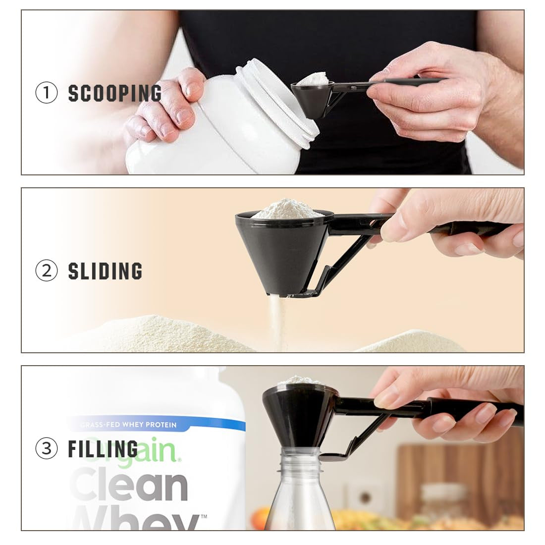 Black 2-Pack No-Spill Sliding Scoop & Funnel - Mess-Free for Protein Powder, Coffee, Formula - Image 3