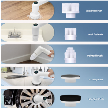 White Rechargeable Electric Spin Scrubber - Waterproof Power Cleaning Brush with 5 Heads & Digital Display for Bathroom, Kitchen & More - Image 2