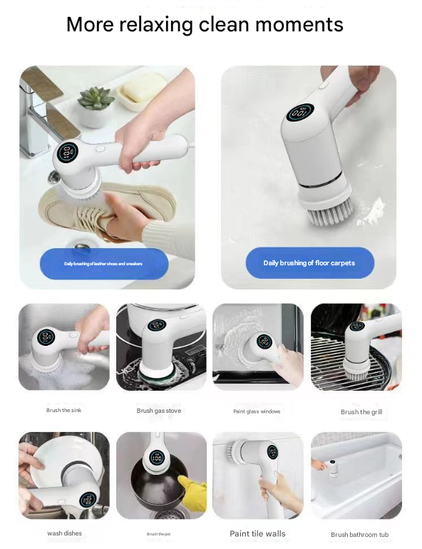White Rechargeable Electric Spin Scrubber - Waterproof Power Cleaning Brush with 5 Heads & Digital Display for Bathroom, Kitchen & More - Image 3