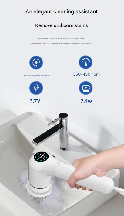 White Rechargeable Electric Spin Scrubber - Waterproof Power Cleaning Brush with 5 Heads & Digital Display for Bathroom, Kitchen & More - Image 4