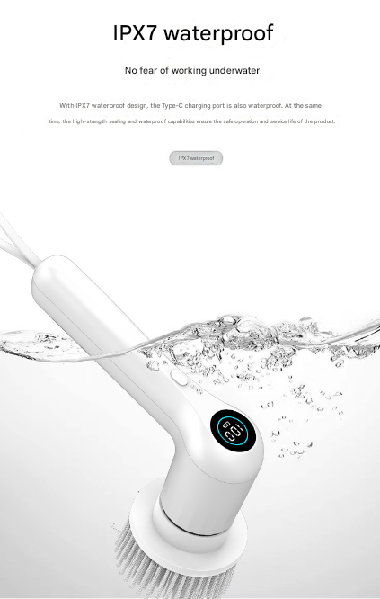 White Rechargeable Electric Spin Scrubber - Waterproof Power Cleaning Brush with 5 Heads & Digital Display for Bathroom, Kitchen & More - Image 6
