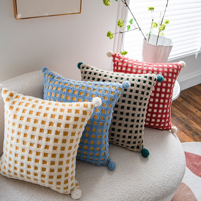 Red and Beige 3D Checkered Cushion Cover with Pom Poms - Soft Decorative Pillow Case for Sofa & Living Room (45x45cm, Cover Only) - Image 2