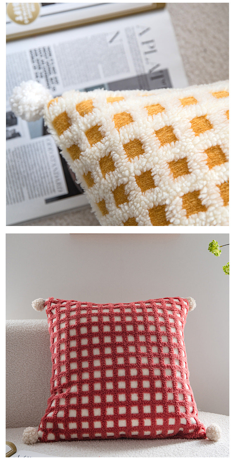 Red and Beige 3D Checkered Cushion Cover with Pom Poms - Soft Decorative Pillow Case for Sofa & Living Room (45x45cm, Cover Only) - Image 6