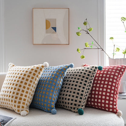 Beige and Green 3D Checkered Cushion Cover with Pom Poms - Soft Decorative Pillow Case for Sofa & Living Room (45x45cm, Cover Only) - Image 4