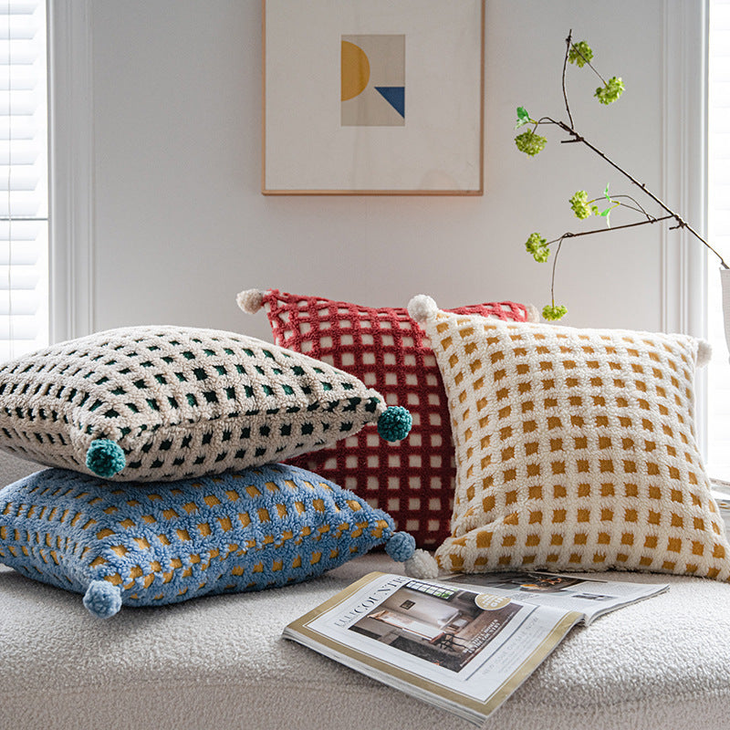 Beige and Yellow 3D Checkered Cushion Cover with Pom Poms - Soft Decorative Pillow Case for Sofa & Living Room (45x45cm, Cover Only) - Image 3