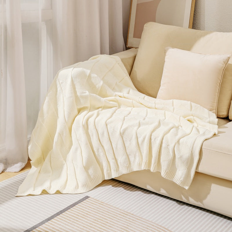 Beige Cozy Lightweight Acrylic Knit Throw Blanket - Diamond Waffle Texture for Sofa, Bed & Travel  - Image 2