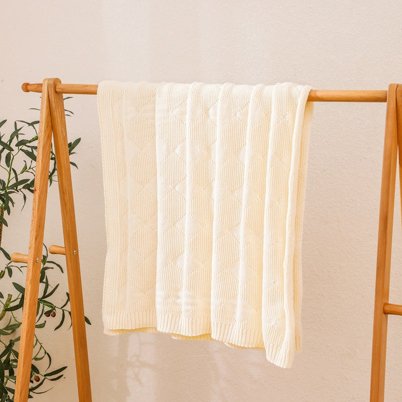 Beige Cozy Lightweight Acrylic Knit Throw Blanket - Diamond Waffle Texture for Sofa, Bed & Travel  - Image 3