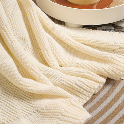 Beige Cozy Lightweight Acrylic Knit Throw Blanket - Diamond Waffle Texture for Sofa, Bed & Travel  - Image 4