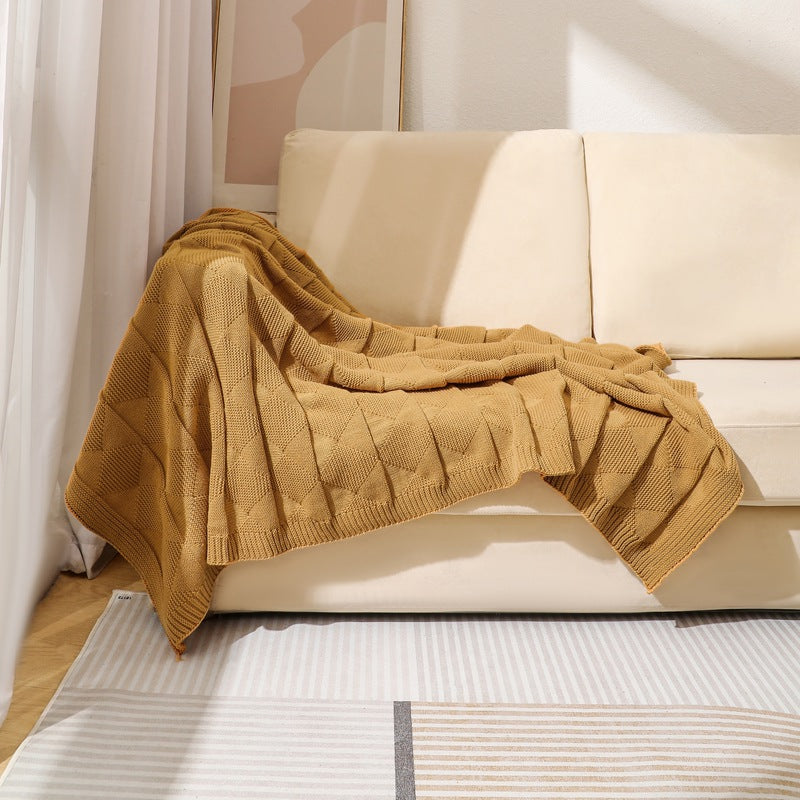 Khaki Cozy Lightweight Acrylic Knit Throw Blanket - Diamond Waffle Texture for Sofa, Bed & Travel  - Image 2