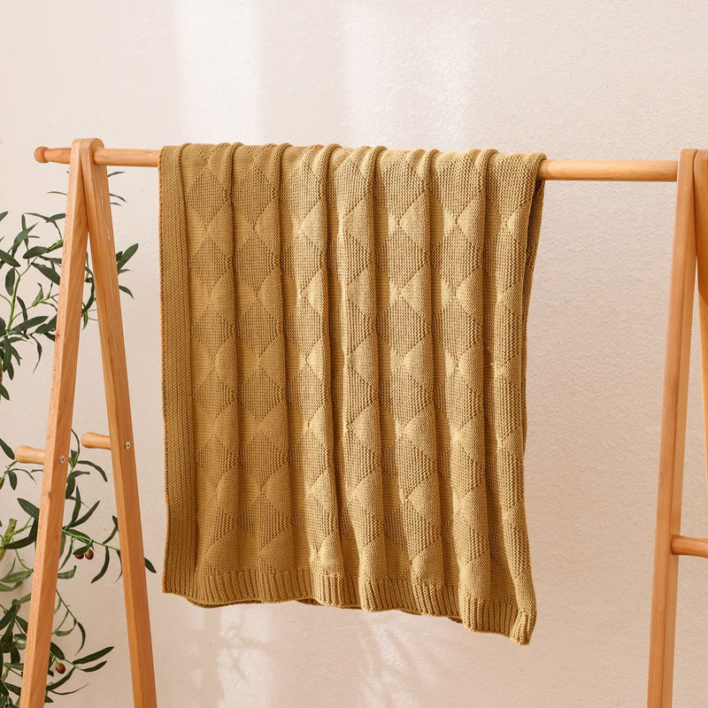 Khaki Cozy Lightweight Acrylic Knit Throw Blanket - Diamond Waffle Texture for Sofa, Bed & Travel  - Image 3