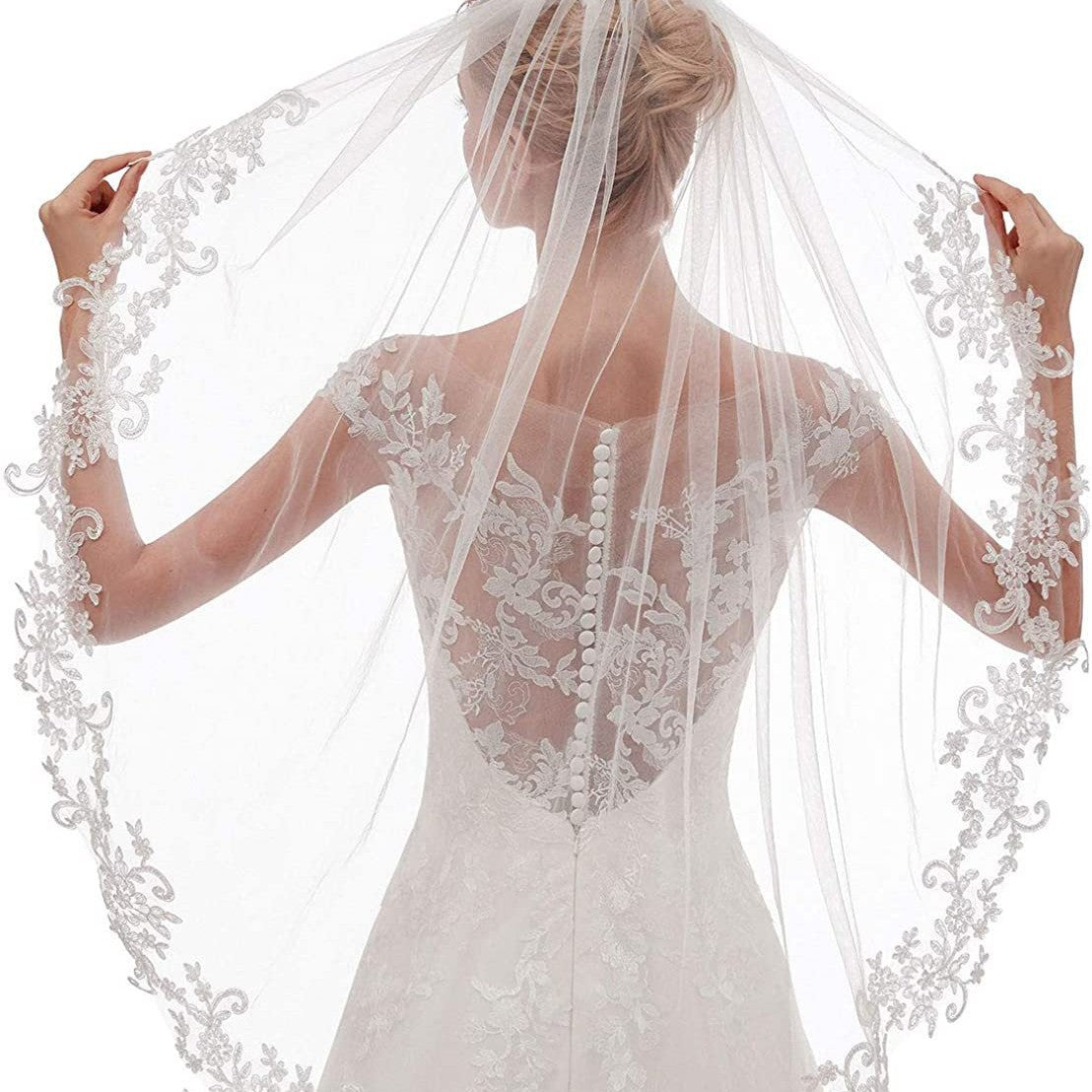 White Elegant Short Bridal Veil - Single Tier with Delicate Lace Applique Edge - Wedding Hair Accessory - Image 2