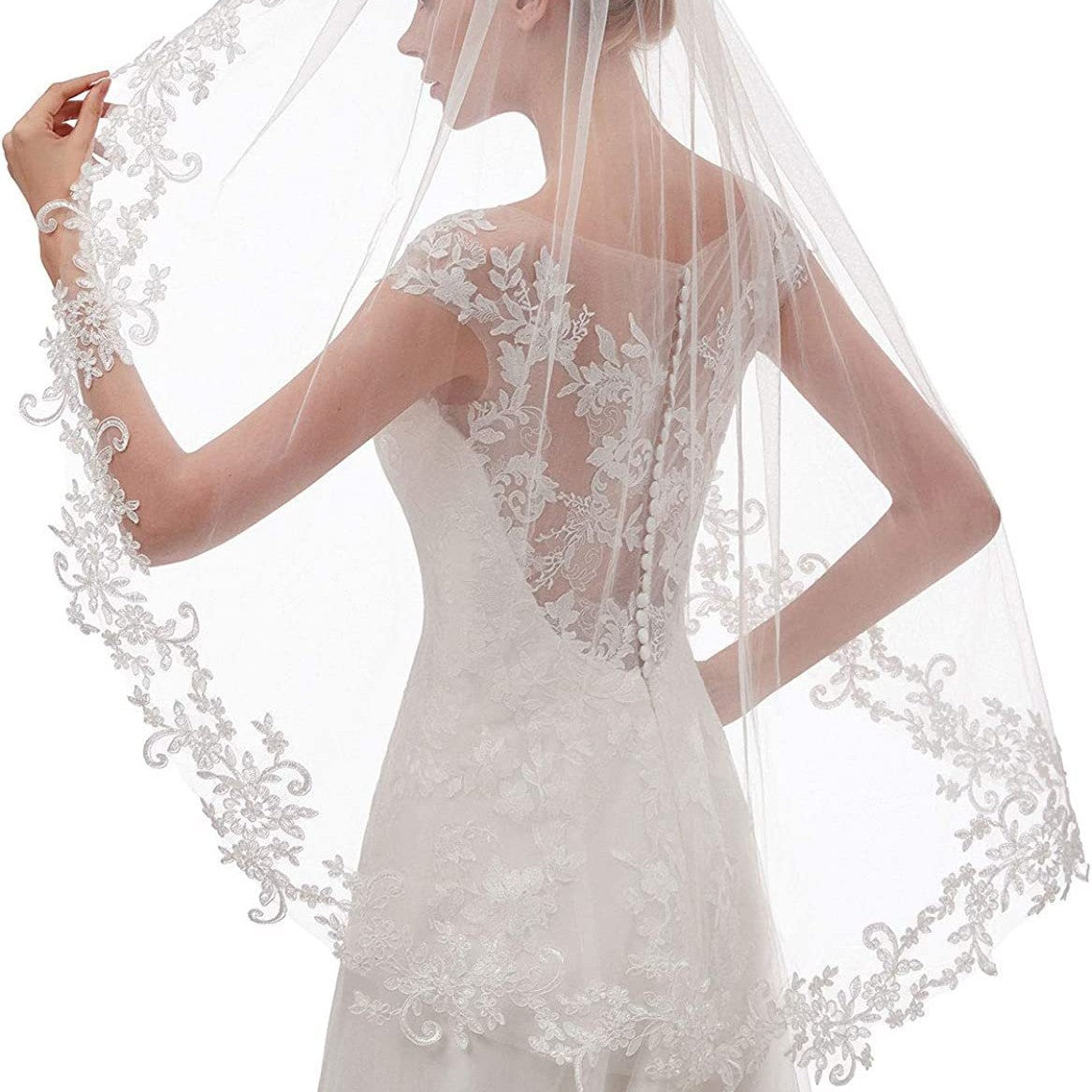 White Elegant Short Bridal Veil - Single Tier with Delicate Lace Applique Edge - Wedding Hair Accessory - Image 3