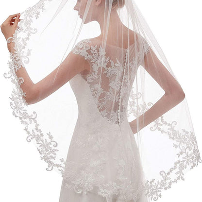 White Elegant Short Bridal Veil - Single Tier with Delicate Lace Applique Edge - Wedding Hair Accessory - Image 3
