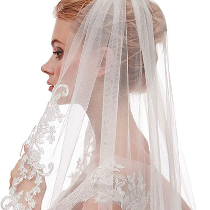 White Elegant Short Bridal Veil - Single Tier with Delicate Lace Applique Edge - Wedding Hair Accessory - Image 4