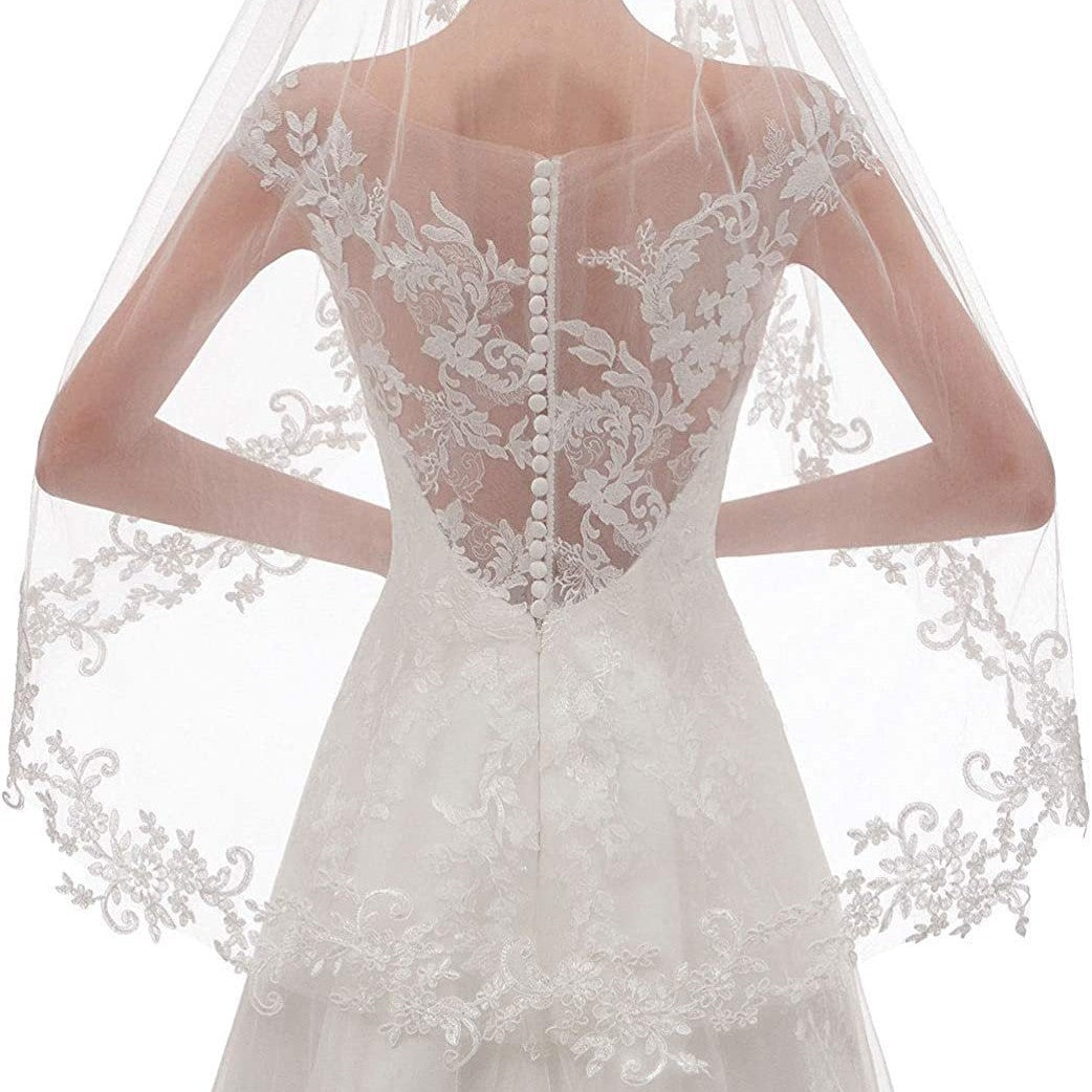 White Elegant Short Bridal Veil - Single Tier with Delicate Lace Applique Edge - Wedding Hair Accessory - Image 5