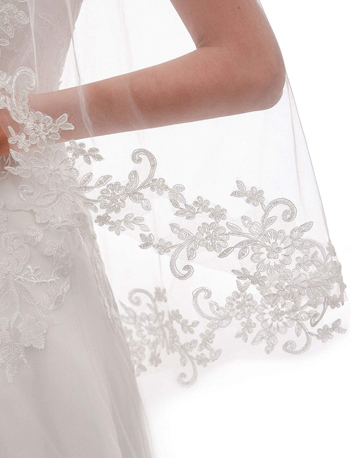 White Elegant Short Bridal Veil - Single Tier with Delicate Lace Applique Edge - Wedding Hair Accessory - Image 6