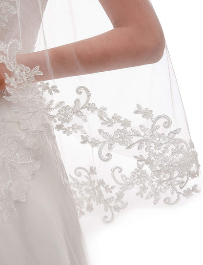 White Elegant Short Bridal Veil - Single Tier with Delicate Lace Applique Edge - Wedding Hair Accessory - Image 6